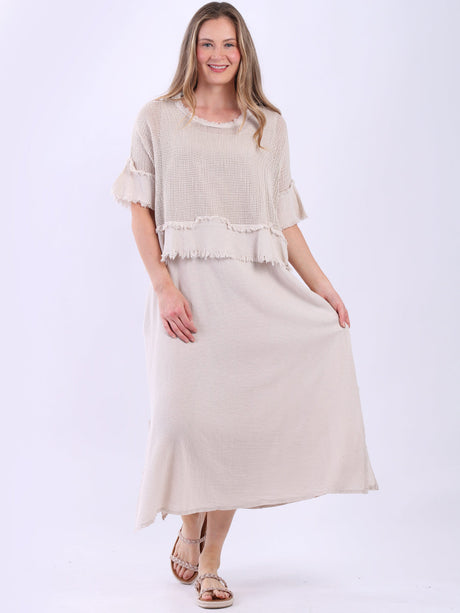 Mesh Net Cotton Dress Beige