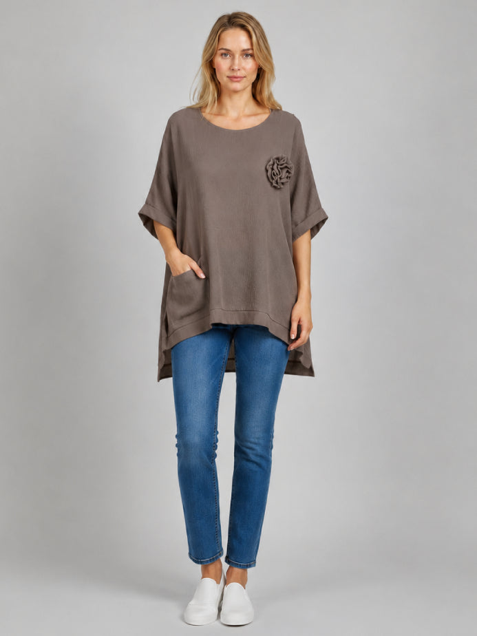 Flower Applique Baggy Shirt Mocha