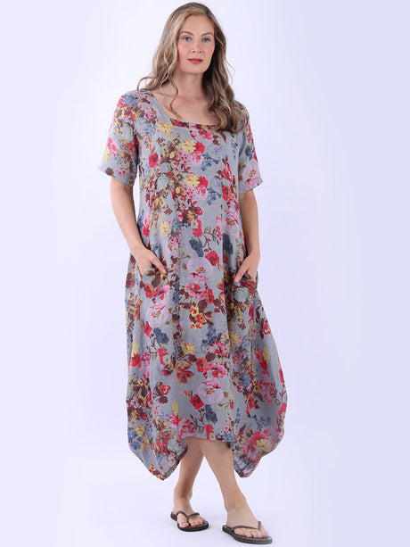 Ladies Floral Print Linen Dress