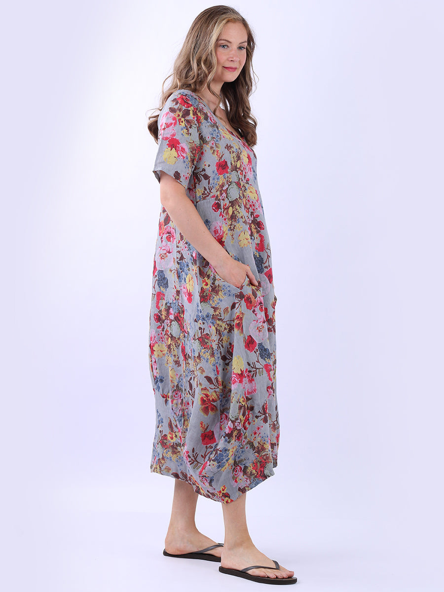 Ladies Floral Print Linen Dress