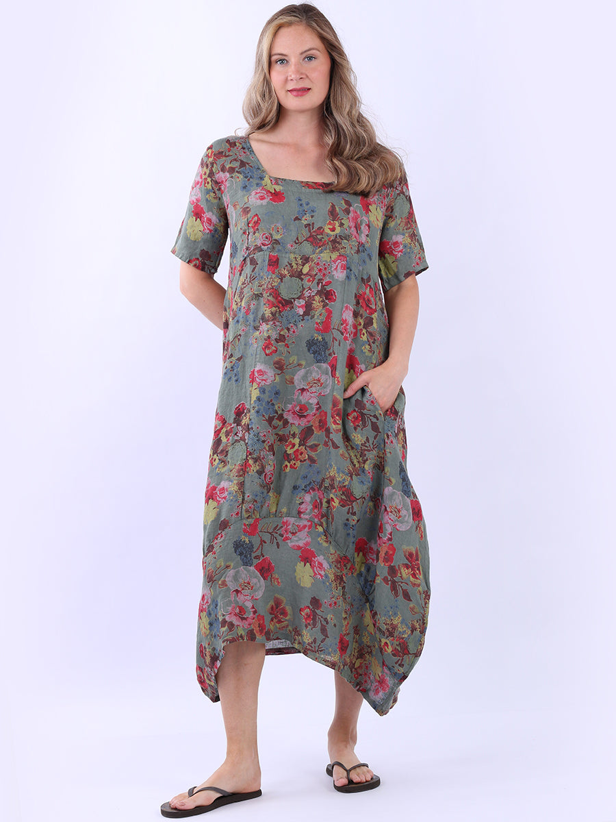Ladies Floral Print Linen Dress