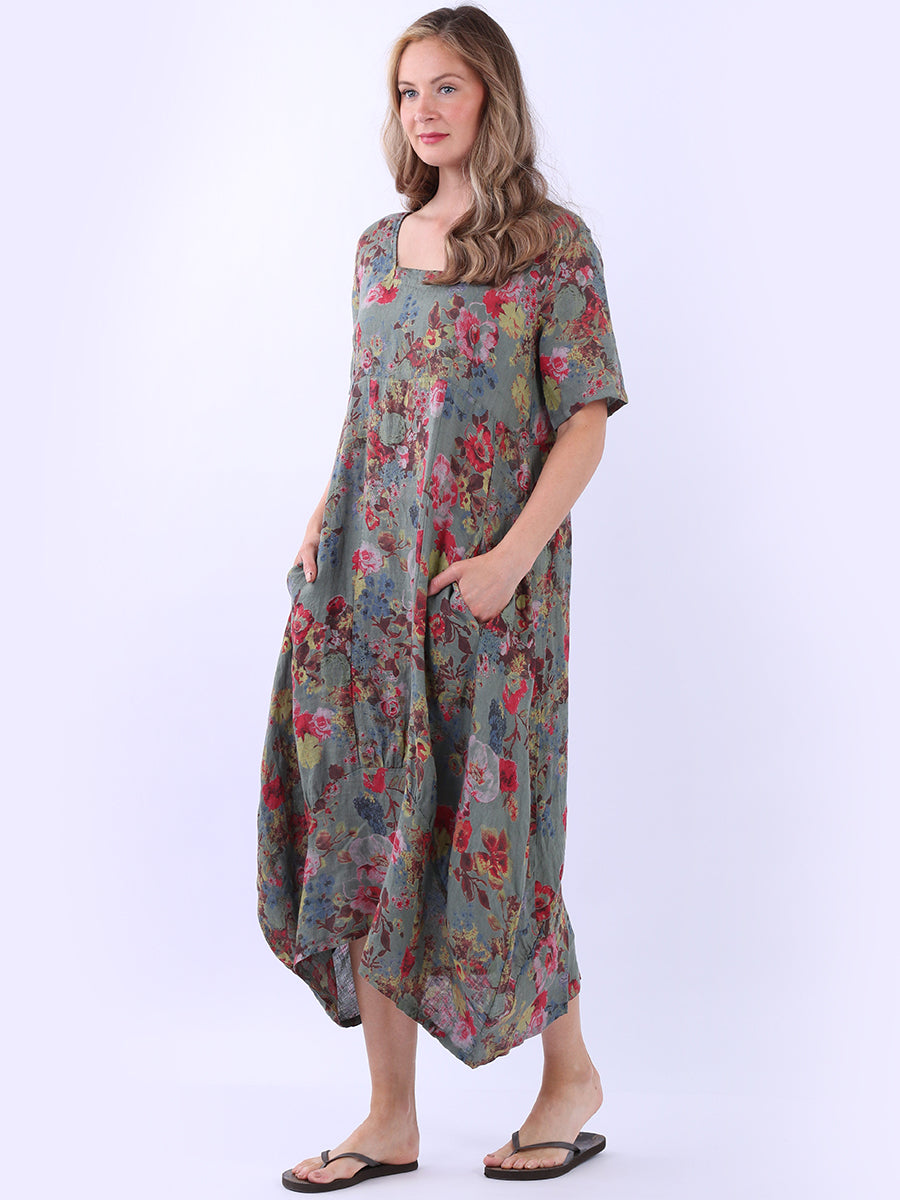 Ladies Floral Print Linen Dress