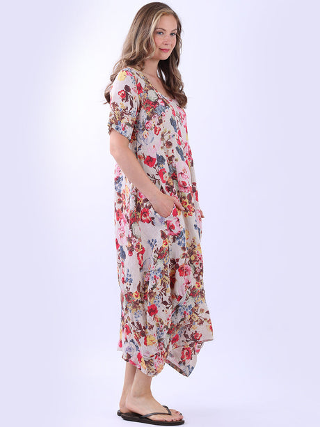 Ladies Floral Print Linen Dress