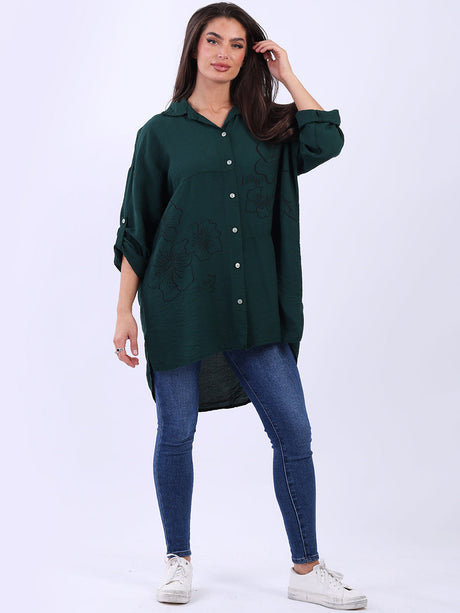 Floral Print Lagenlook Shirt Bottle Green