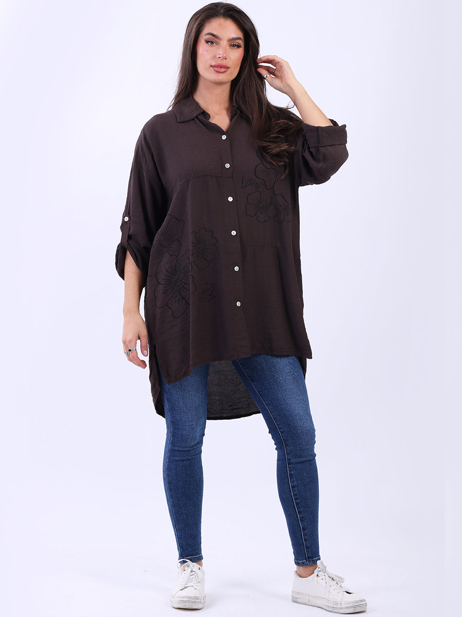 Floral Print Lagenlook Shirt Chocolate