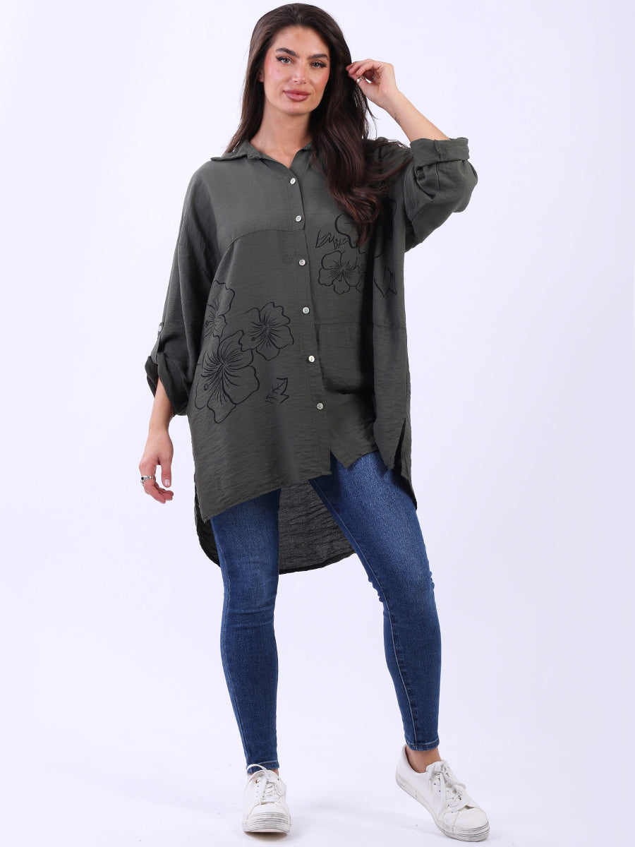 Floral Print Lagenlook Shirt Khaki