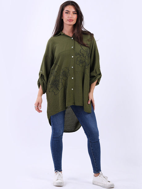 Floral Print Lagenlook Shirt Olive