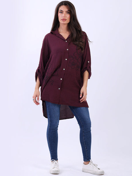 Floral Print Lagenlook Shirt Wine