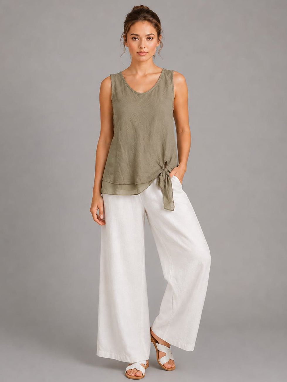 Plain Linen Vest Top Khaki