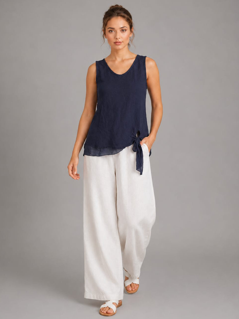 Plain Linen Vest Top Navy