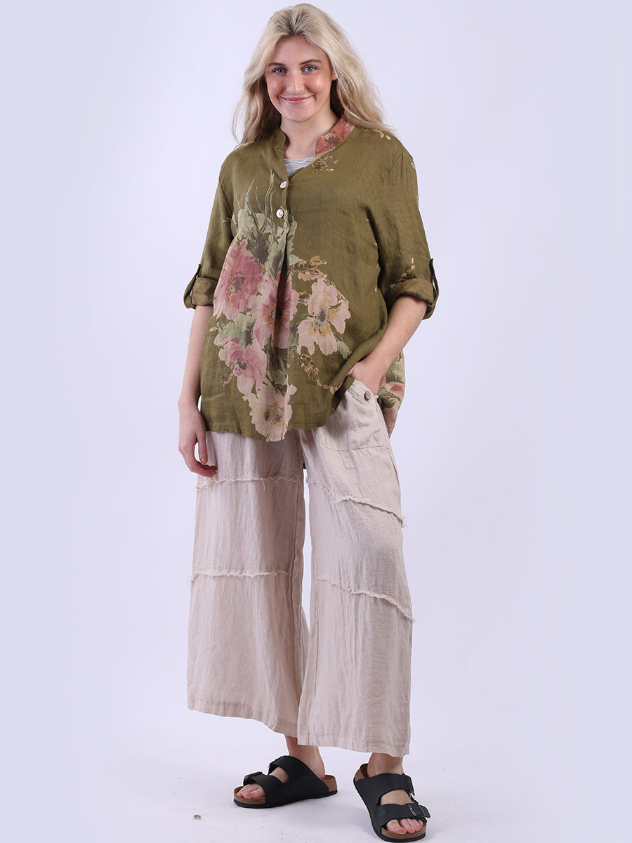 Floral Linen Baggy Top Olive