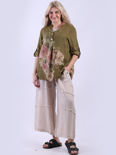 Floral Linen Baggy Top Olive