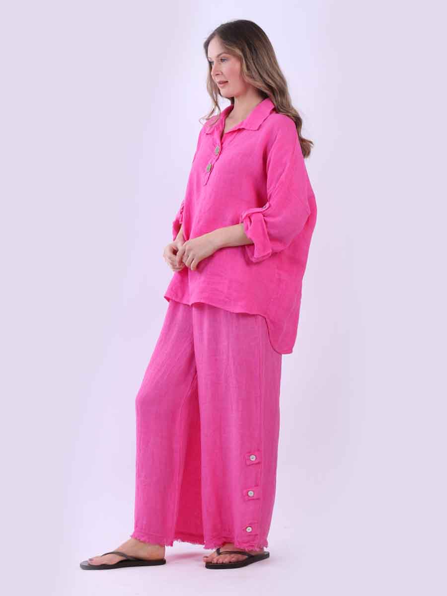 Women Baggy Front Button Solid Linen Top