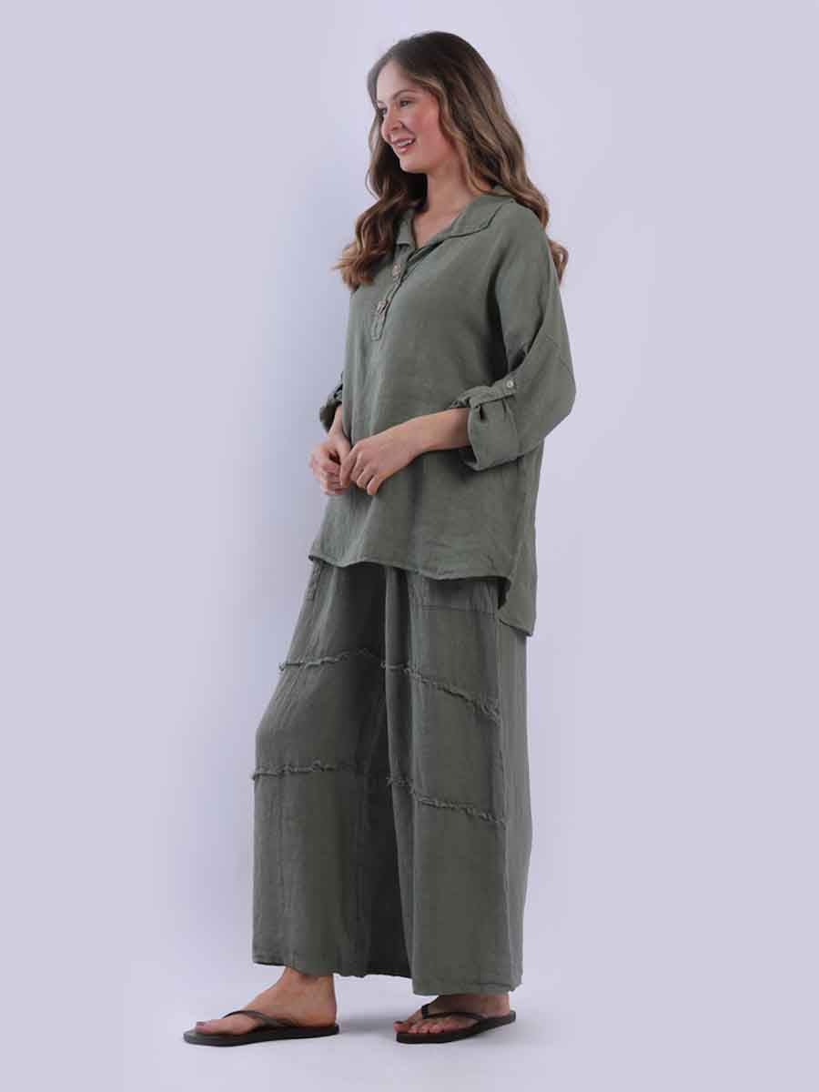 Women Baggy Front Button Solid Linen Top