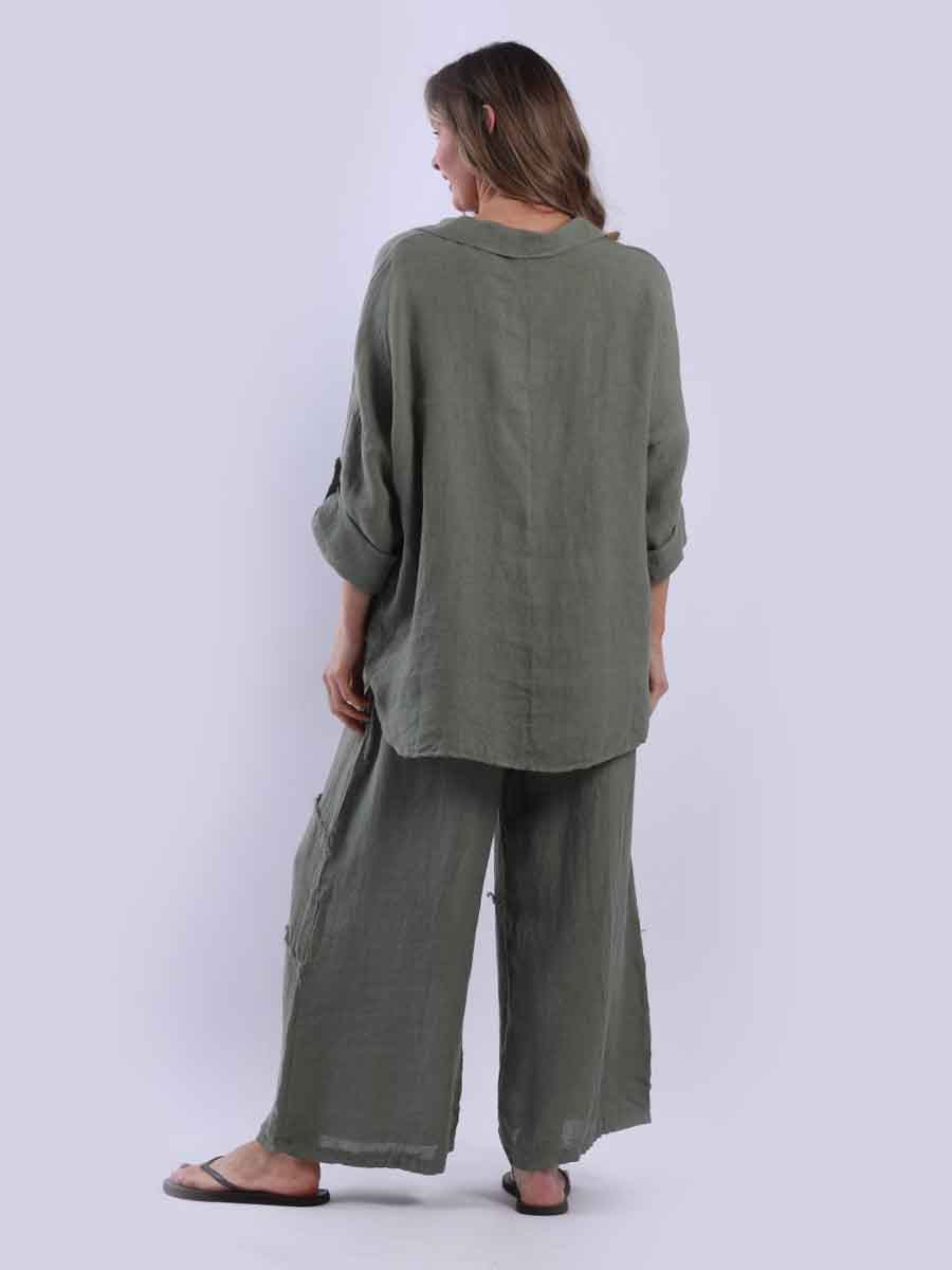 Women Baggy Front Button Solid Linen Top