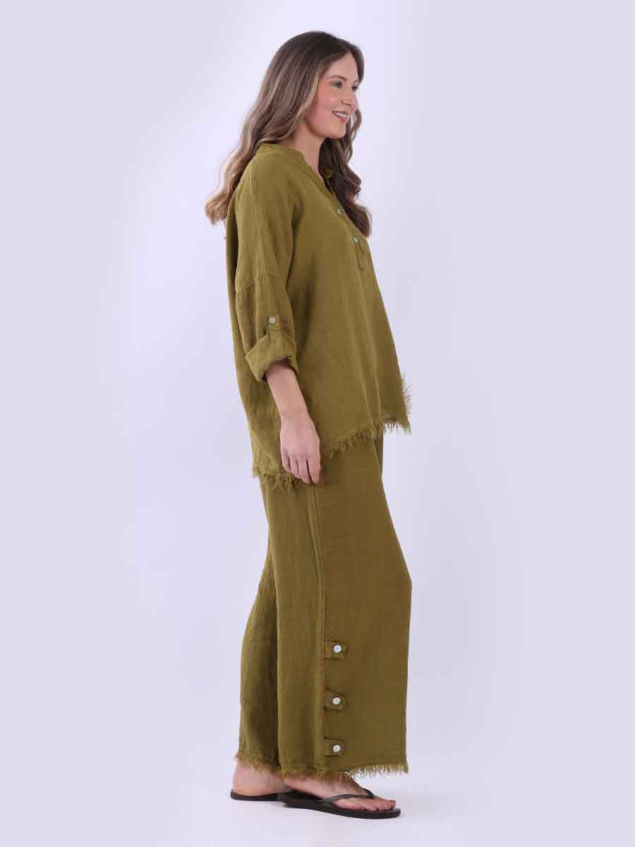 Women Baggy Front Button Solid Linen Top