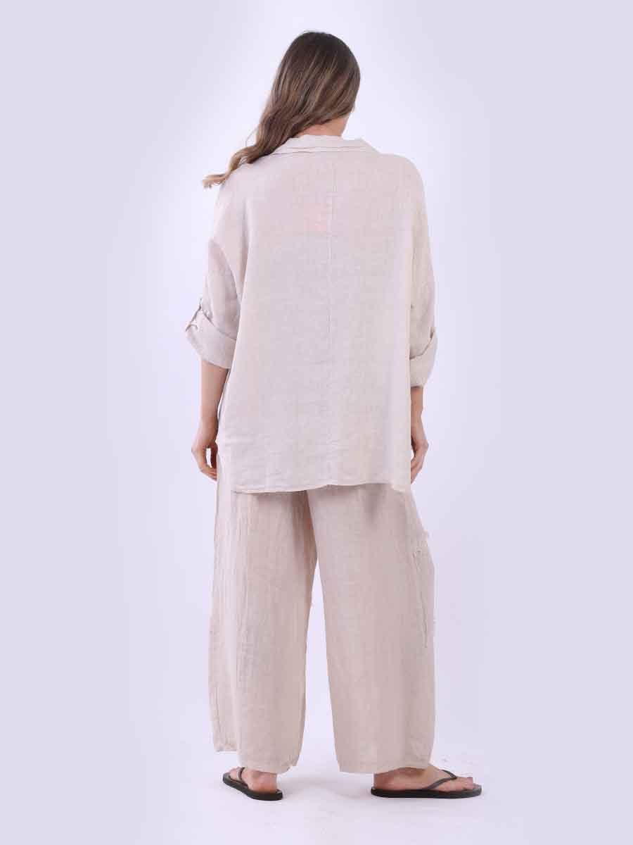 Women Baggy Front Button Solid Linen Top