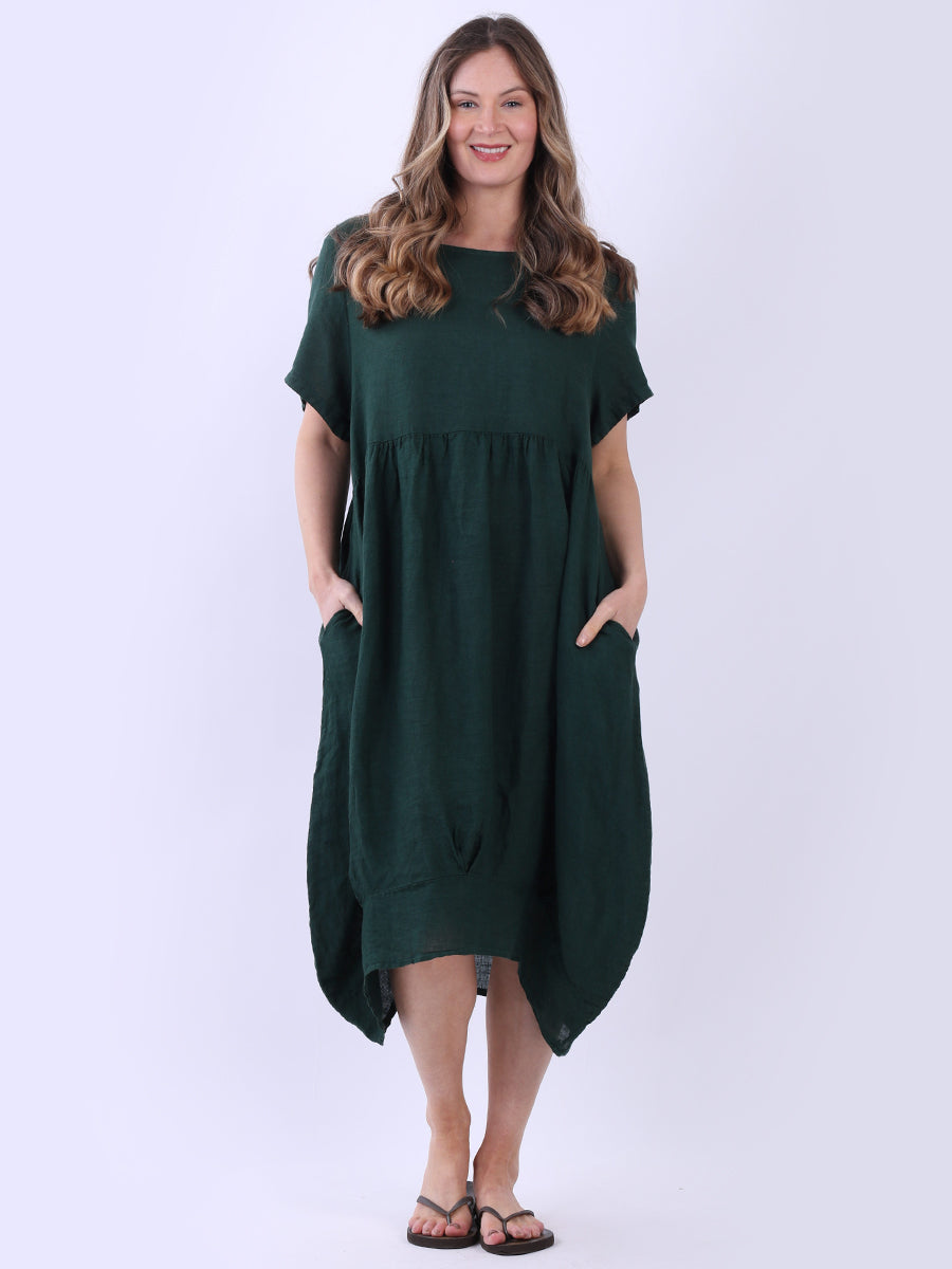 Linen Quirky Lagenlook Midi Swing Dress Bottle Green
