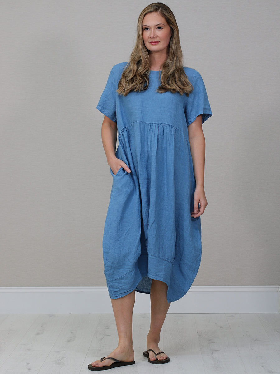 Linen Quirky Lagenlook Midi Swing Dress Denim