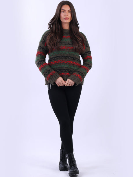 Multi Striped Woolen Jumper Khaki