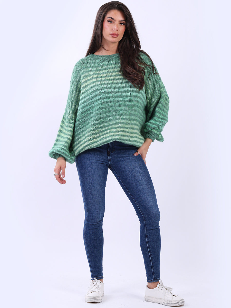 Multi Stripy Woolen Knit Jumper Green