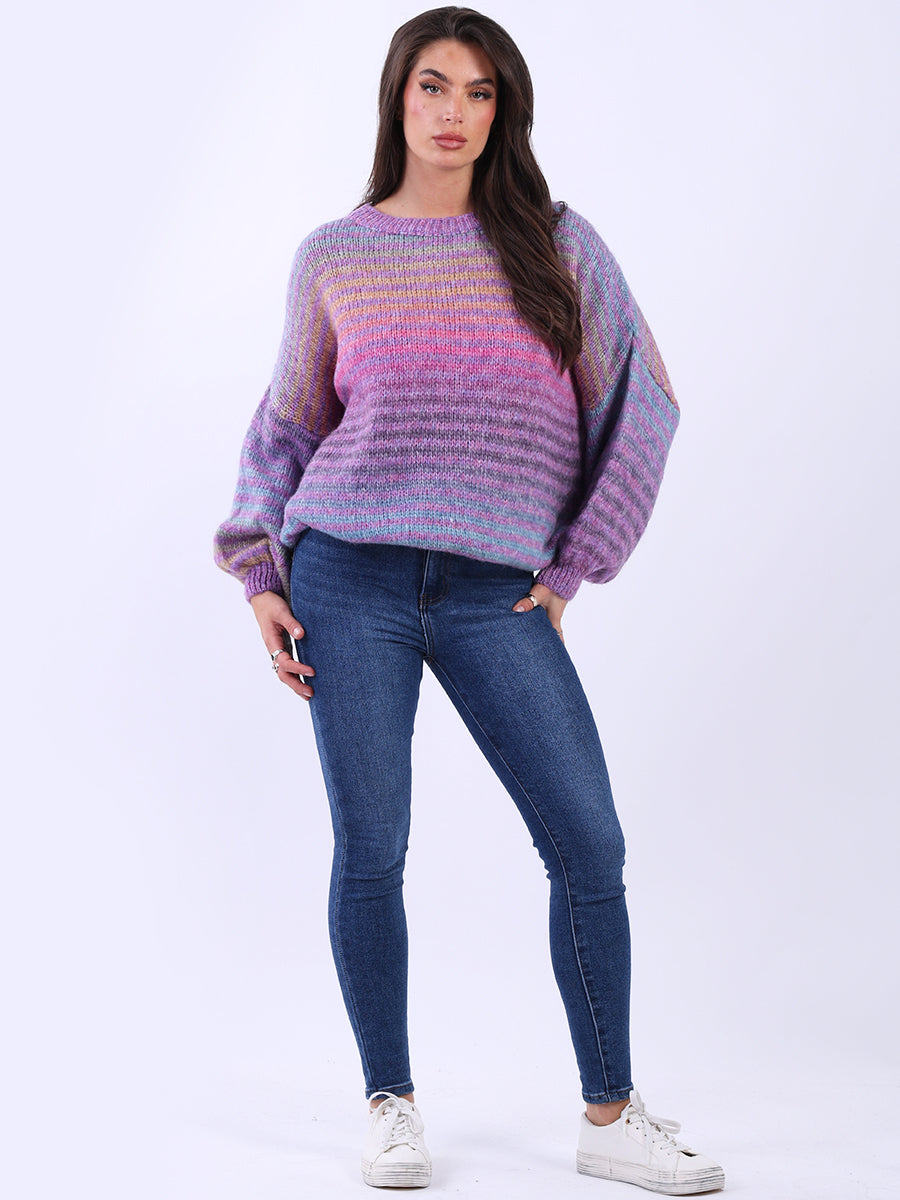 Multi Stripy Woolen Knit Jumper Magenta