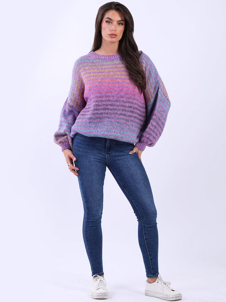 Multi Stripy Woolen Knit Jumper Magenta