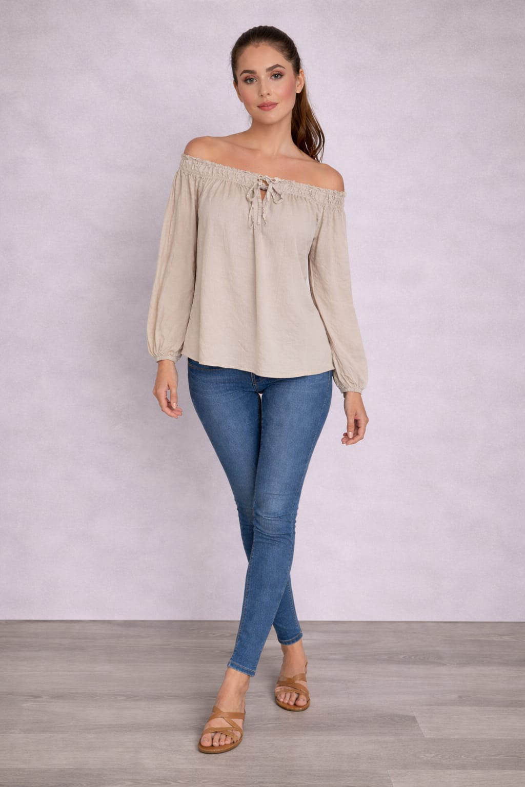 Off Shoulder Cotton Blouse Beige