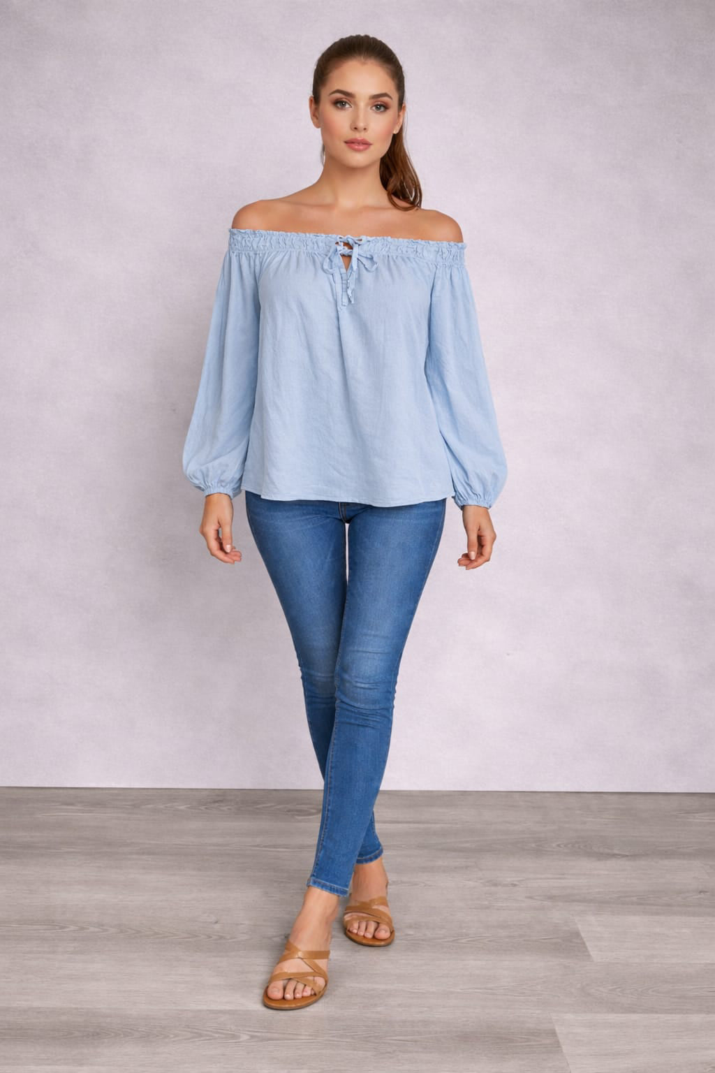 Off Shoulder Cotton Blouse Sky Blue