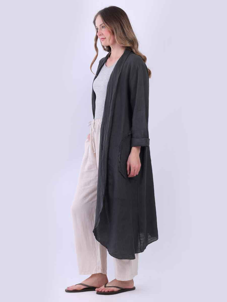 Plain Linen Open Front Long Cardigan