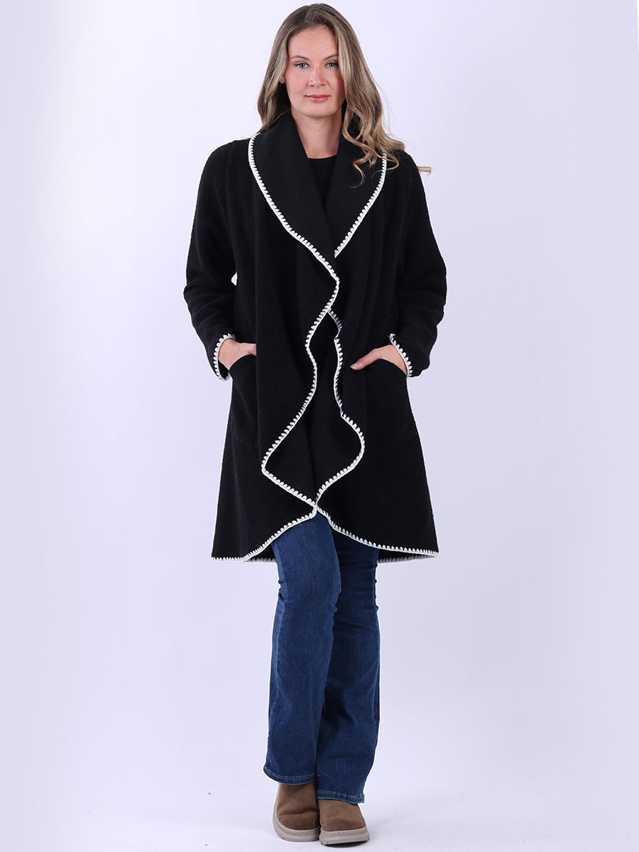 Blanket Stitch Wool Open Coat Black