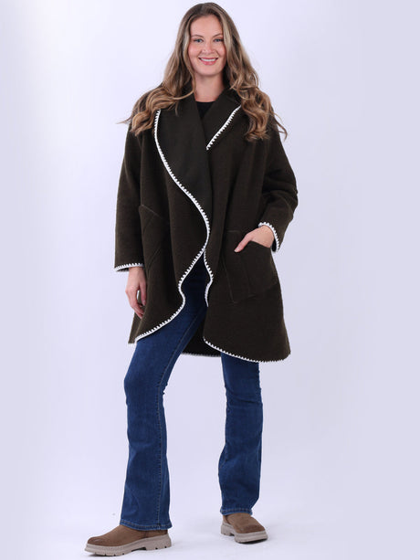 Blanket Stitch Wool Open Coat Khaki