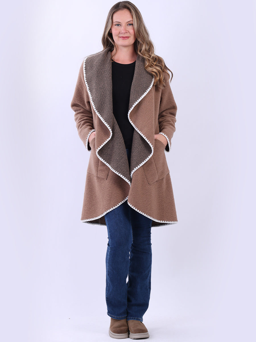 Blanket Stitch Wool Open Coat Mocha