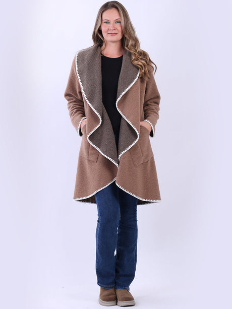 Blanket Stitch Wool Open Coat Mocha