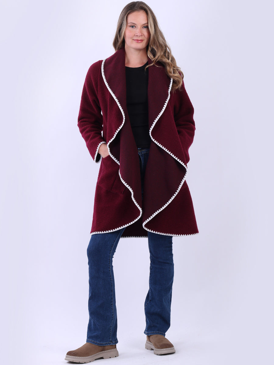 Blanket Stitch Wool Open Coat Wine