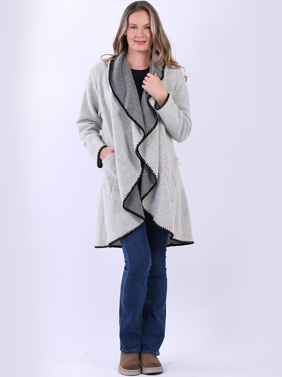 Blanket Stitch Wool Open Coat Silver