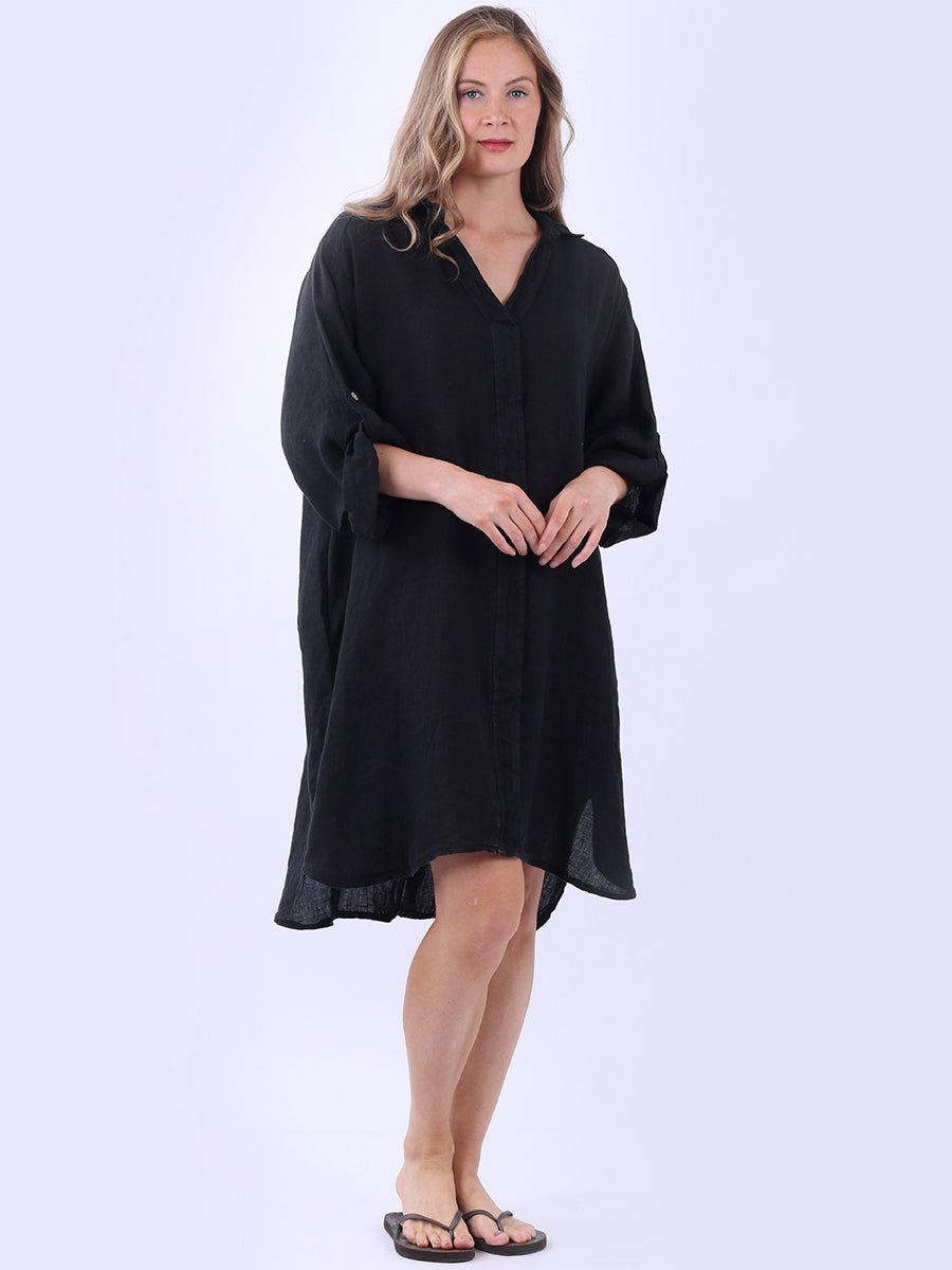 Plus Size Solid Linen Collared Dress