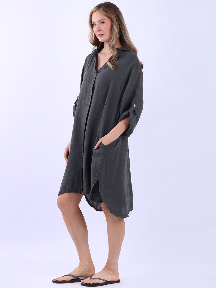 Plus Size Solid Linen Collared Dress