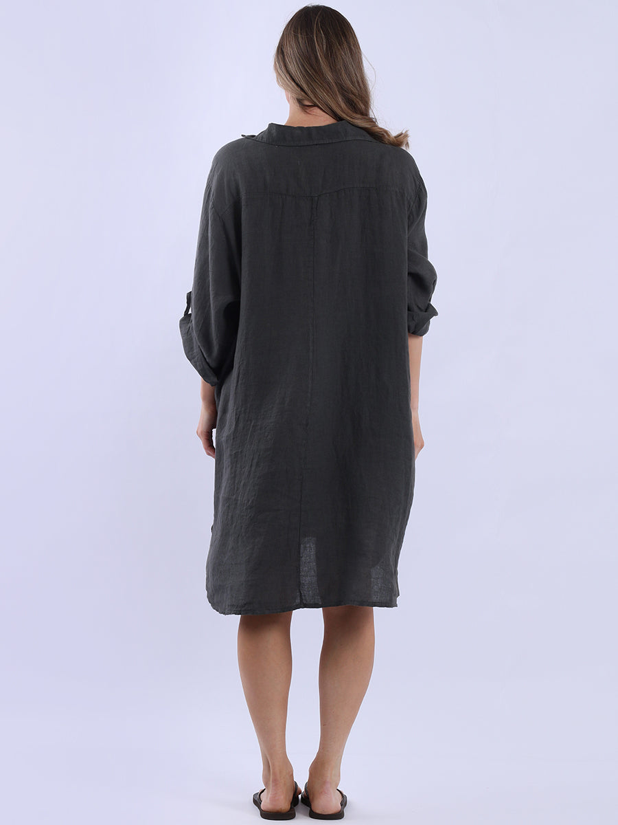 Plus Size Solid Linen Collared Dress