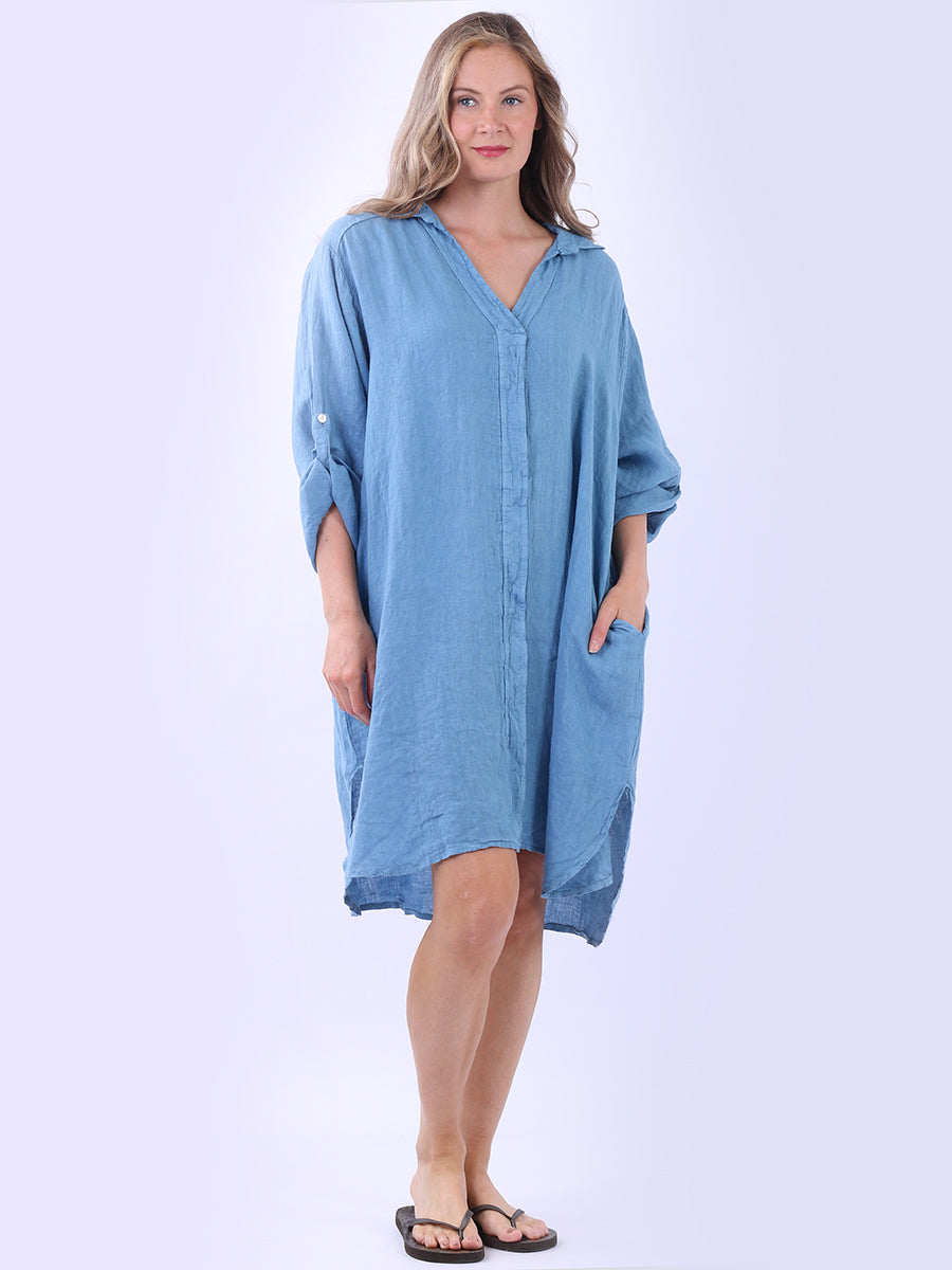 Plus Size Solid Linen Collared Dress