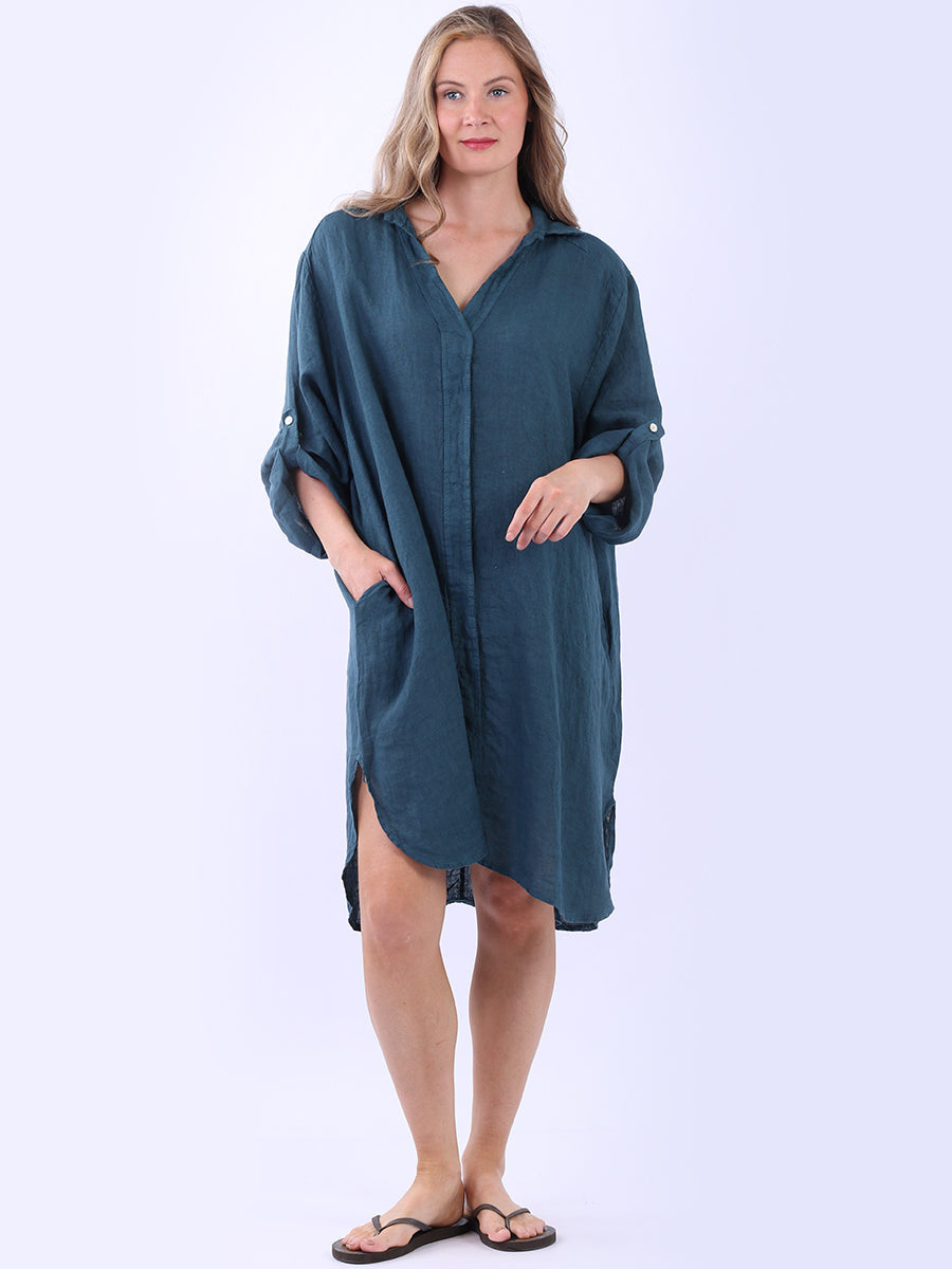 Plus Size Solid Linen Collared Dress