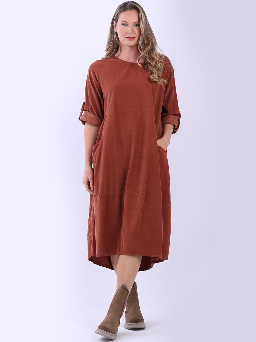 Cotton Corduroy Oversized Midi Dress Rust