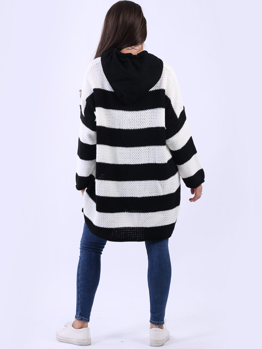 Stripy Plus Size Batwing Chunky Knit Hooded Jumper