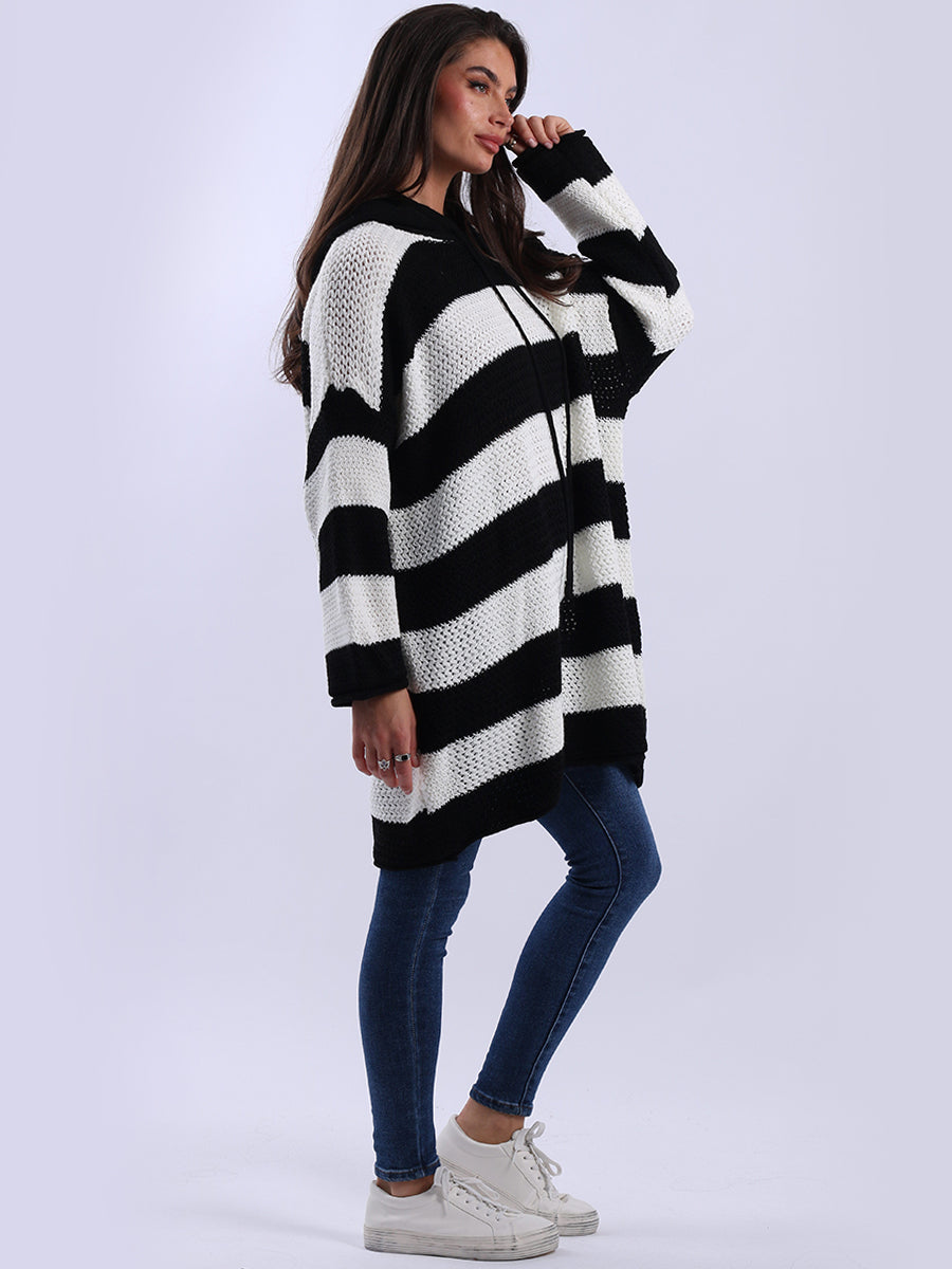 Stripy Plus Size Batwing Chunky Knit Hooded Jumper