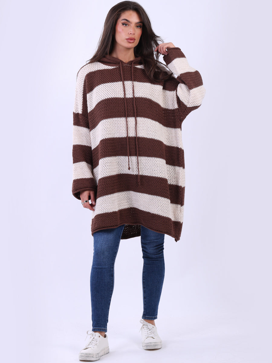 Stripy Plus Size Batwing Chunky Knit Hooded Jumper