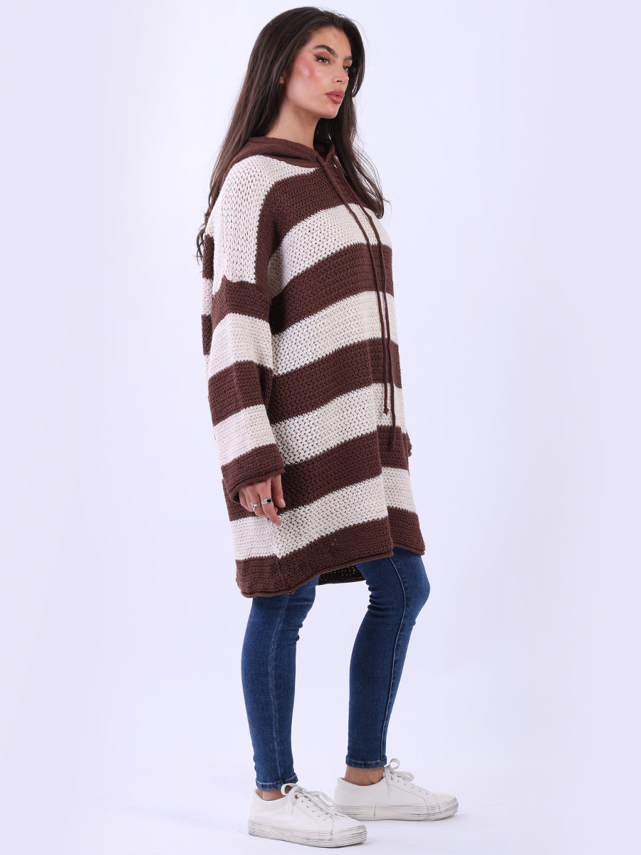 Stripy Plus Size Batwing Chunky Knit Hooded Jumper