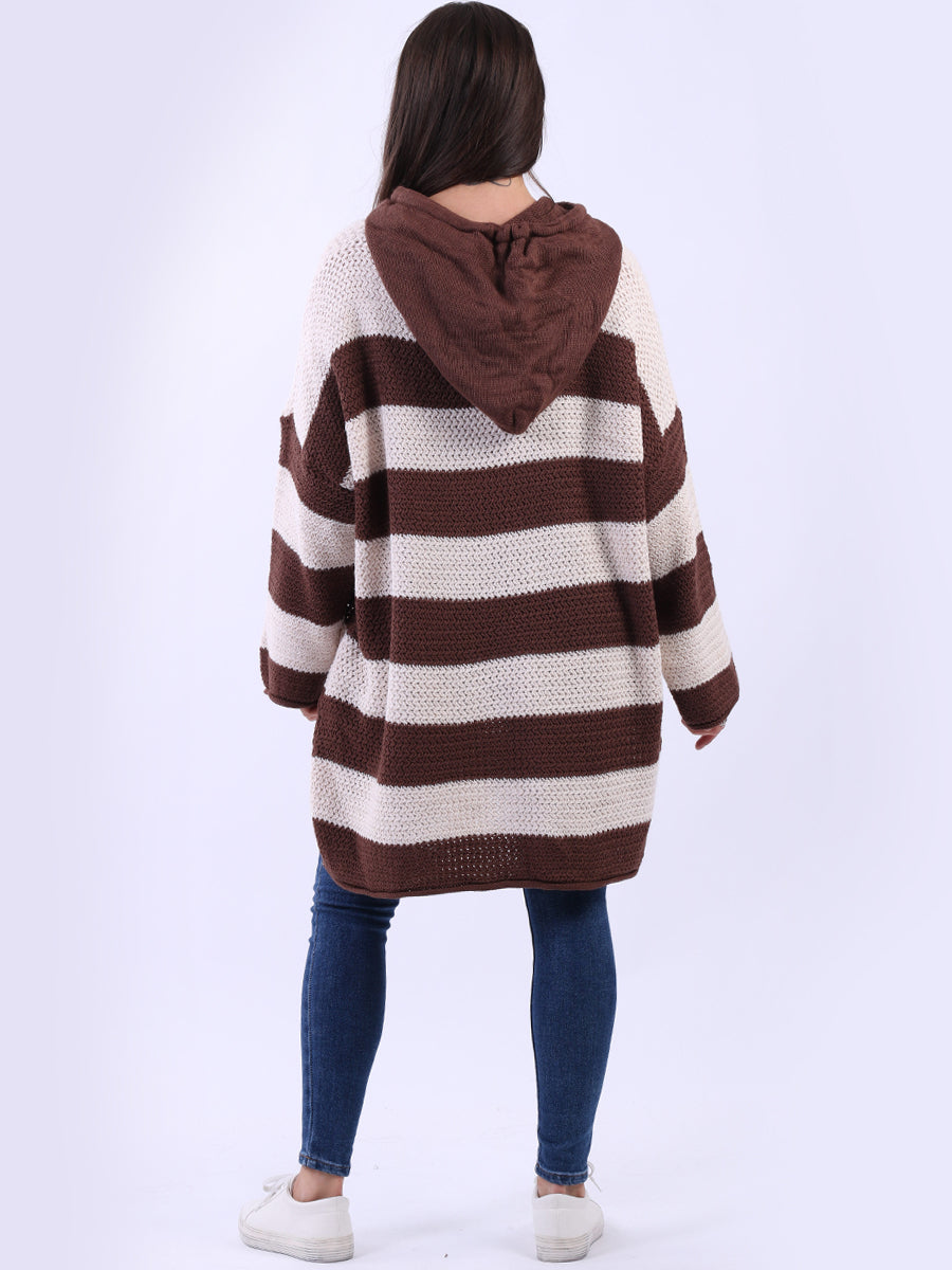 Stripy Plus Size Batwing Chunky Knit Hooded Jumper