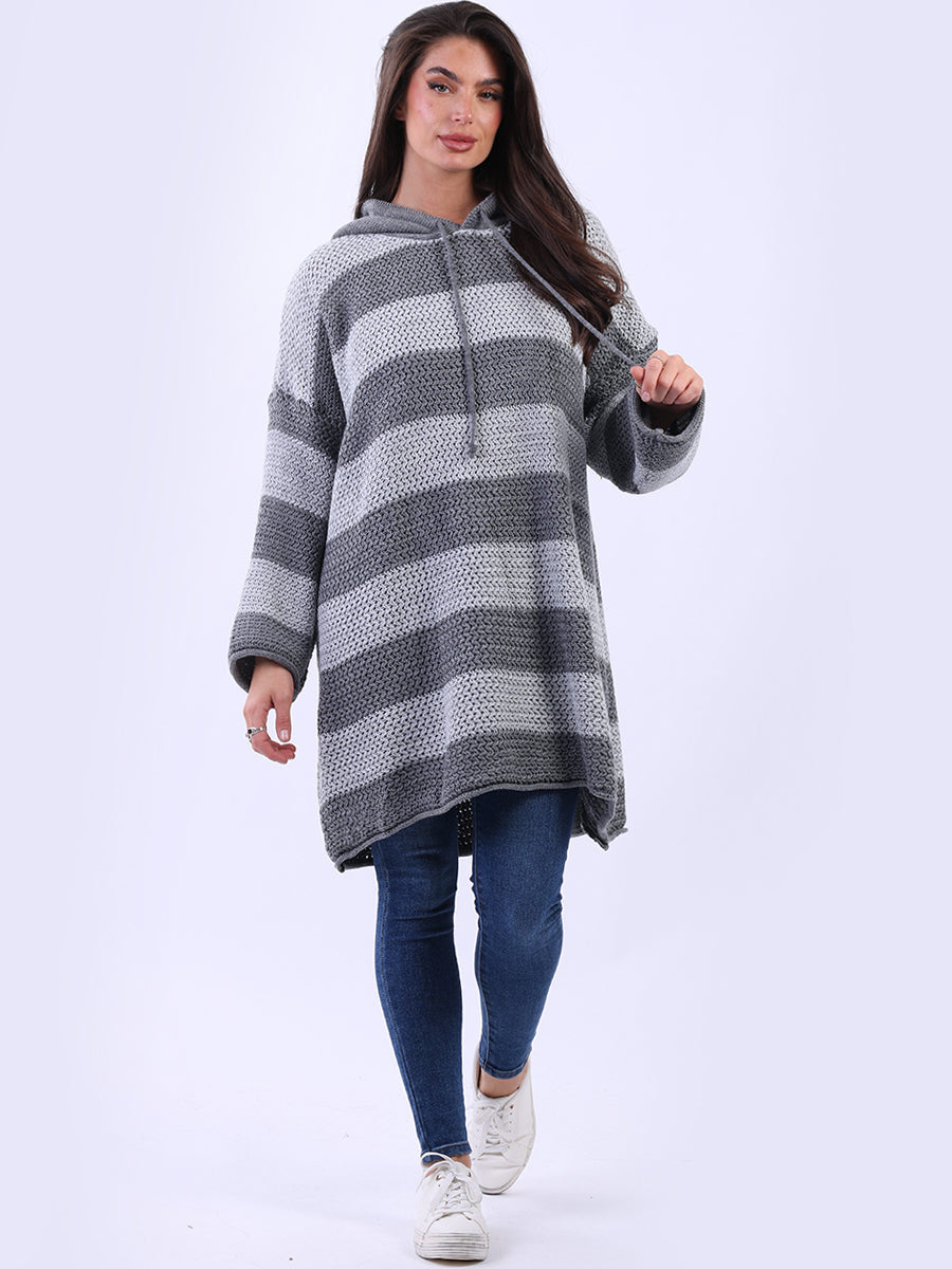 Stripy Plus Size Batwing Chunky Knit Hooded Jumper