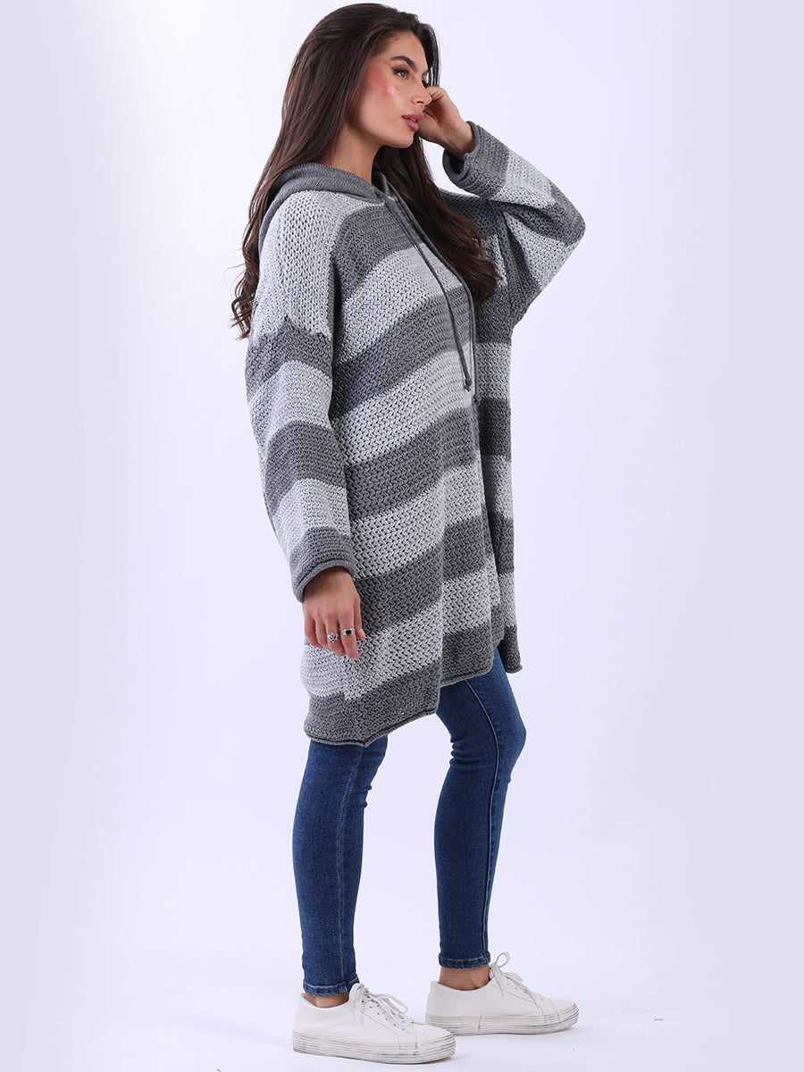 Stripy Plus Size Batwing Chunky Knit Hooded Jumper