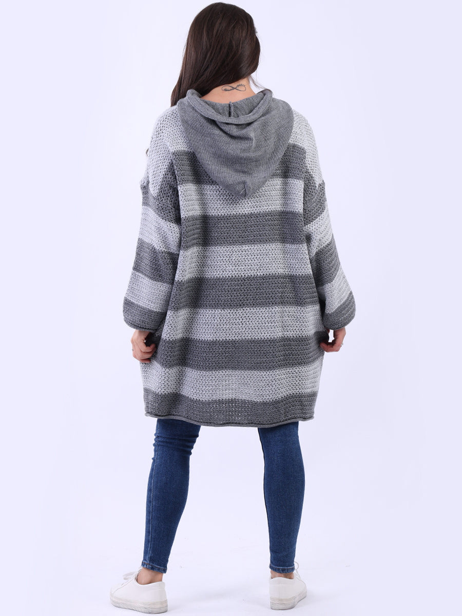 Stripy Plus Size Batwing Chunky Knit Hooded Jumper